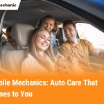 Smiling family in a car with their dog, highlighting the convenience of mobile mechanic services that come to your location