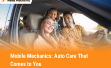 Smiling family in a car with their dog, highlighting the convenience of mobile mechanic services that come to your location