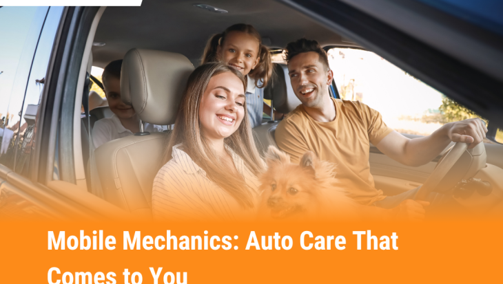 Smiling family in a car with their dog, highlighting the convenience of mobile mechanic services that come to your location