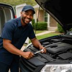 Smiling mobile mechanic repairing a car in a driveway, offering convenient at-home service with tools and van on-site