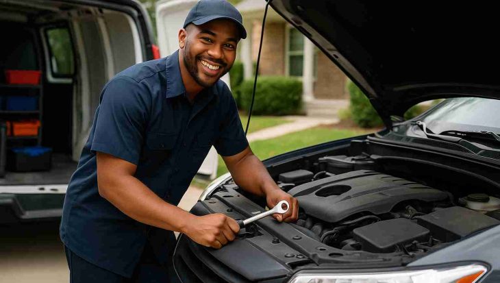Smiling mobile mechanic repairing a car in a driveway, offering convenient at-home service with tools and van on-site