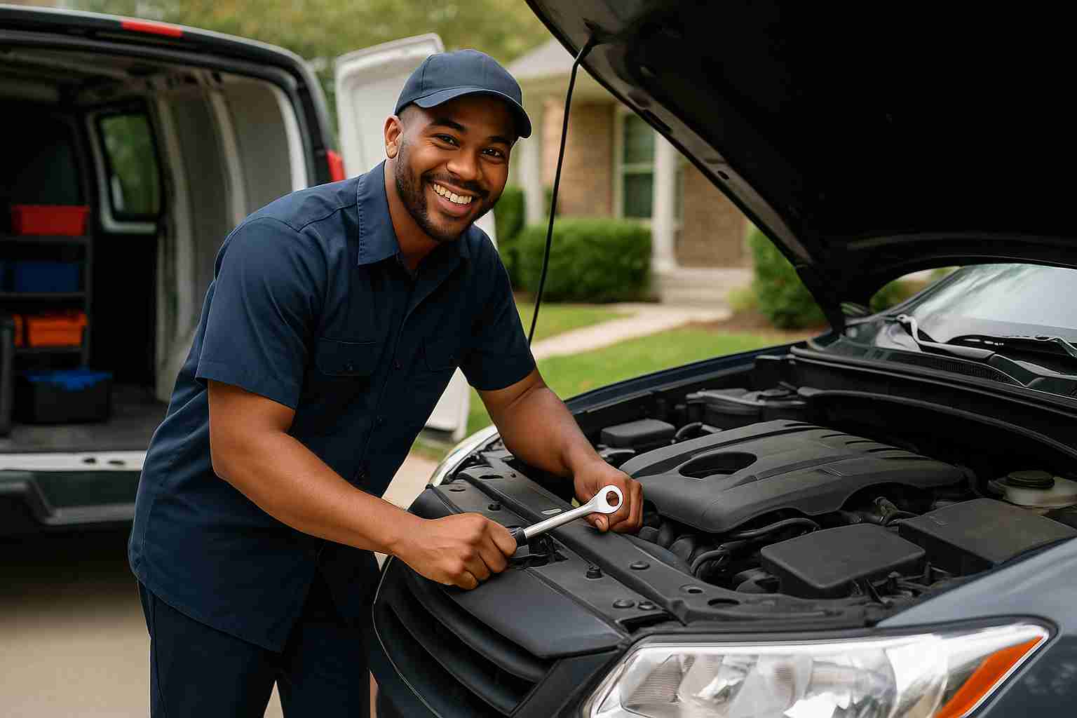 Smiling mobile mechanic repairing a car in a driveway, offering convenient at-home service with tools and van on-site