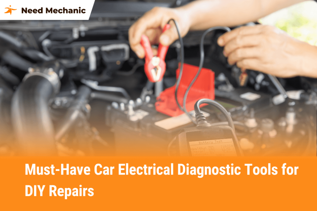 Hands using car electrical diagnostic tools for DIY vehicle repairs, featuring battery testing and jumper cables near engine bay.