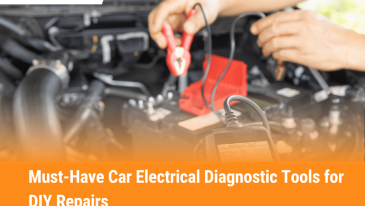 Hands using car electrical diagnostic tools for DIY vehicle repairs, featuring battery testing and jumper cables near engine bay.