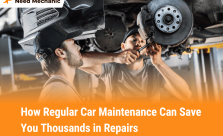 Two auto mechanics performing brake maintenance to help car owners avoid costly repairs through regular service