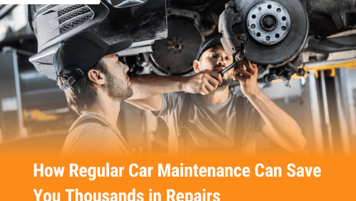 Two auto mechanics performing brake maintenance to help car owners avoid costly repairs through regular service