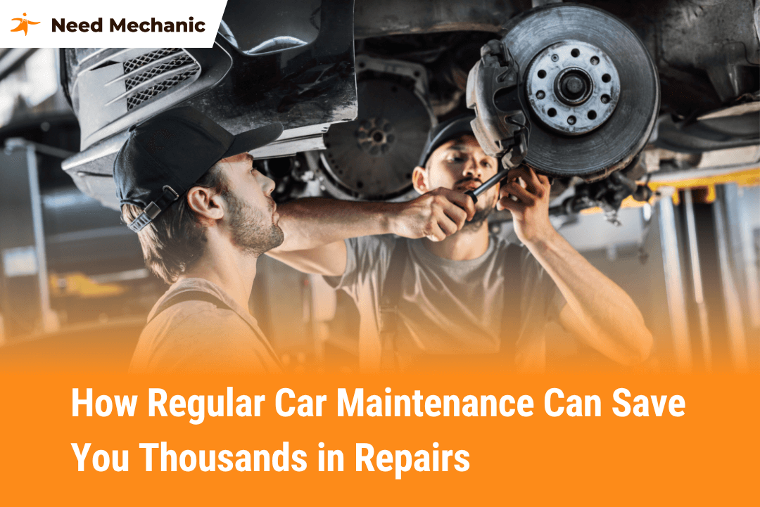 Two auto mechanics performing brake maintenance to help car owners avoid costly repairs through regular service