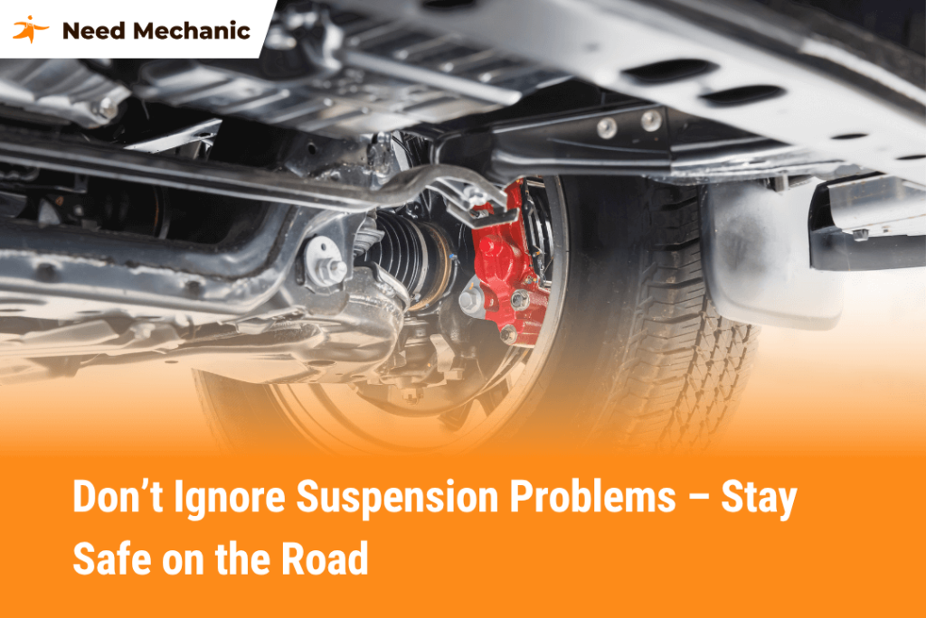 Close-up of car suspension problem showing damaged parts under vehicle with safety warning