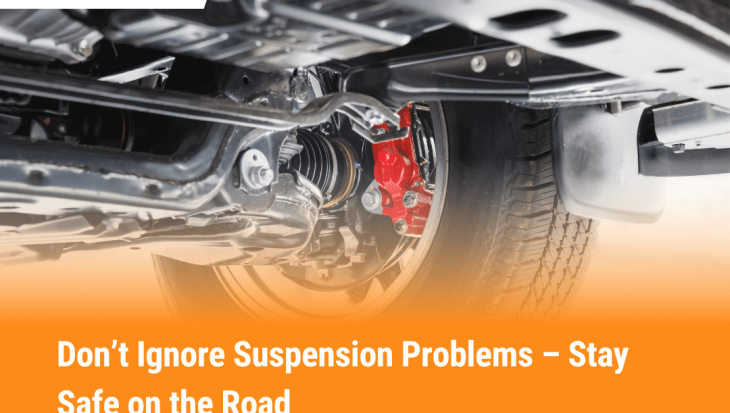 Close-up of car suspension problem showing damaged parts under vehicle with safety warning
