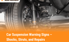 Close-up of car suspension system showing shocks and struts with Need Mechanic branding – helps diagnose signs of suspension problems
