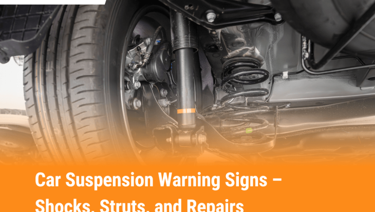 Close-up of car suspension system showing shocks and struts with Need Mechanic branding – helps diagnose signs of suspension problems