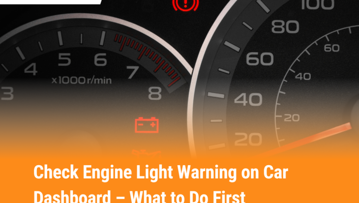 Close-up of a car dashboard gauge cluster with the illuminated check engine warning light.