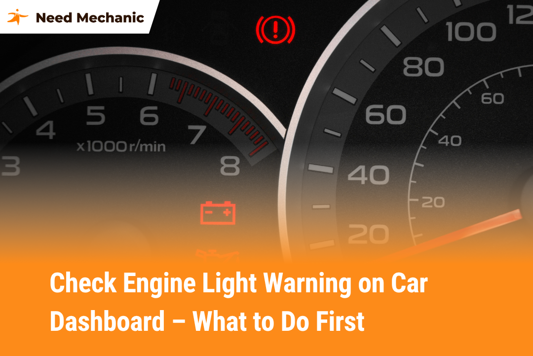Close-up of a car dashboard gauge cluster with the illuminated check engine warning light.