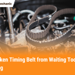 Close-up photo of a cracked and worn timing belt on a car engine showing signs of delayed replacement