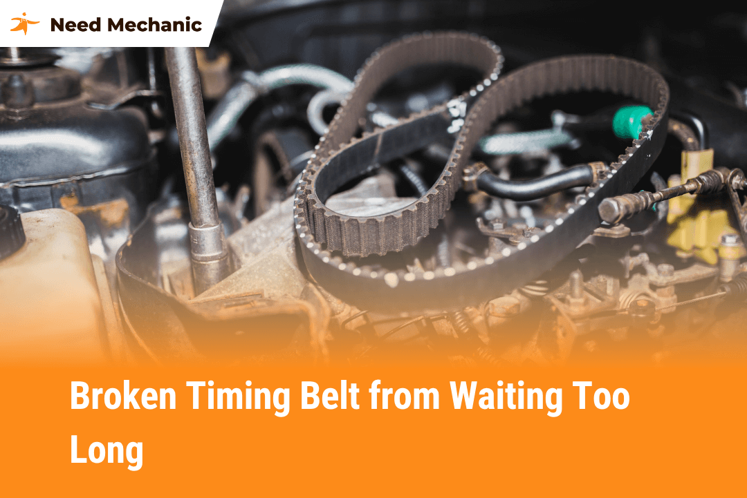 Close-up photo of a cracked and worn timing belt on a car engine showing signs of delayed replacement