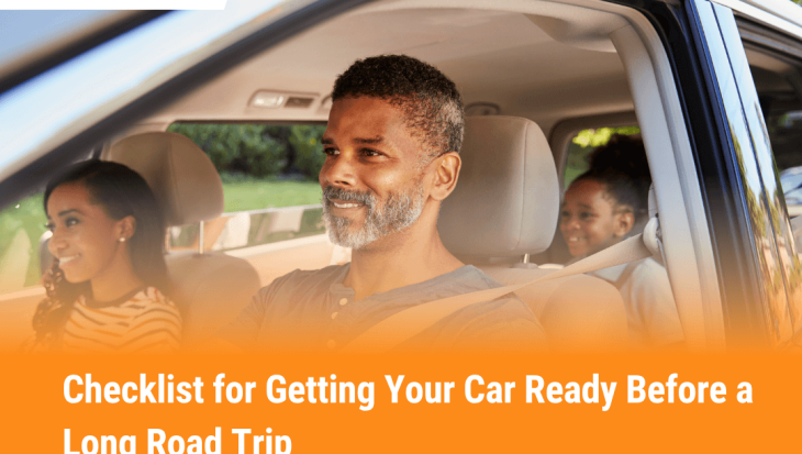 Family in car ready for a long road trip after completing safety checklist