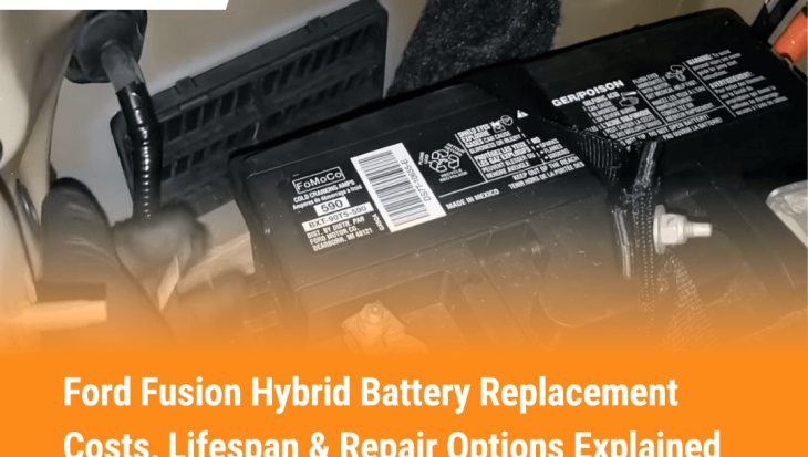 A technician performing a Ford Fusion Hybrid Battery Replacement under the hood, showing the battery pack and connections