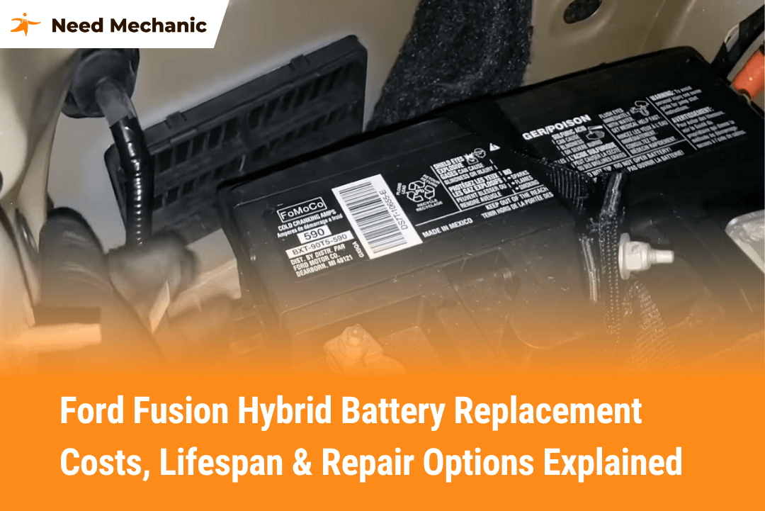 A technician performing a Ford Fusion Hybrid Battery Replacement under the hood, showing the battery pack and connections