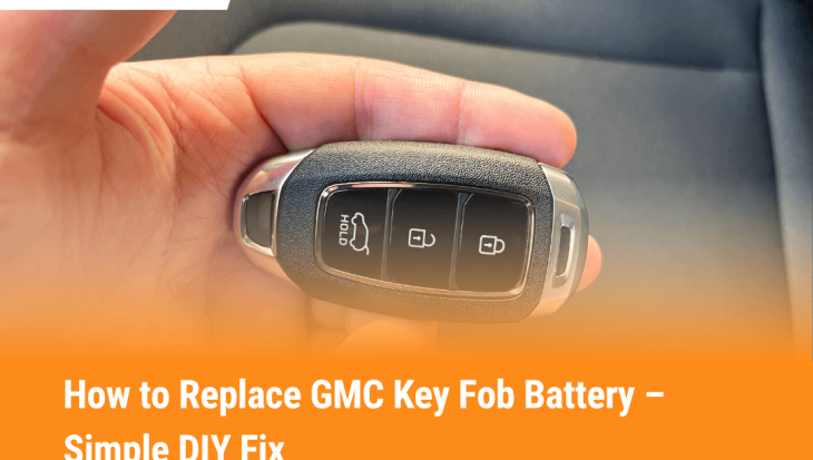 Close-up of a GMC key fob used in a battery replacement guide
