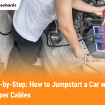 Person connecting red jumper cable to car battery terminal while jumpstarting a vehicle, showing safe and proper jumper cable use
