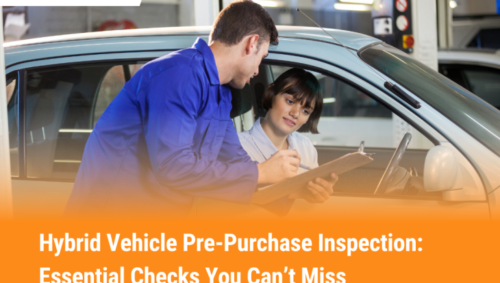 Mechanic and car buyer reviewing a hybrid vehicle pre‑purchase inspection checklist in a garage