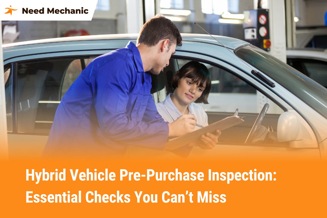 Mechanic and car buyer reviewing a hybrid vehicle pre‑purchase inspection checklist in a garage