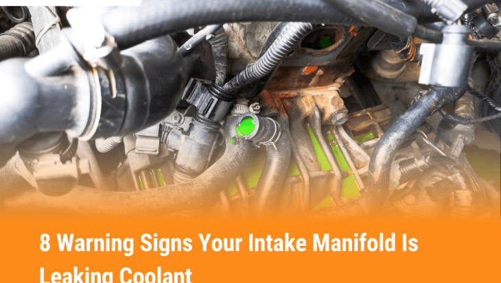 Engine showing coolant leak symptoms from a damaged intake manifold with green coolant and labeled warning signs