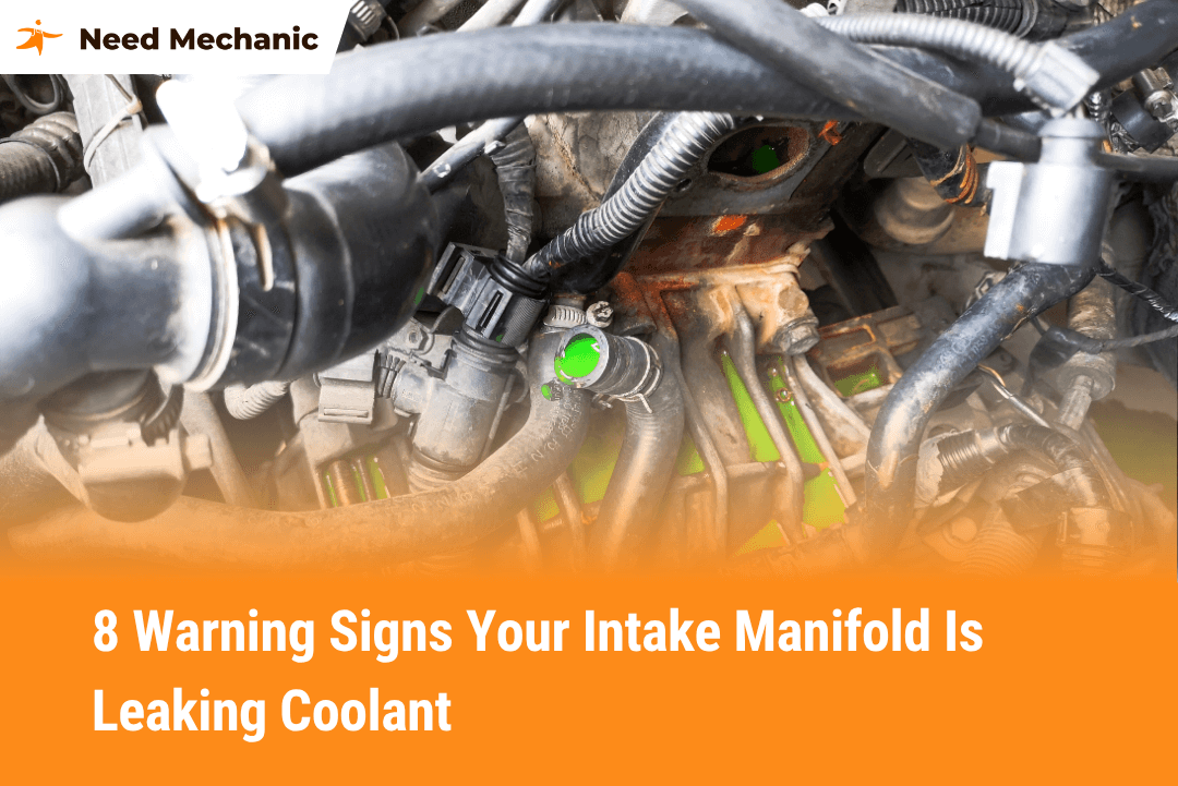 Engine showing coolant leak symptoms from a damaged intake manifold with green coolant and labeled warning signs