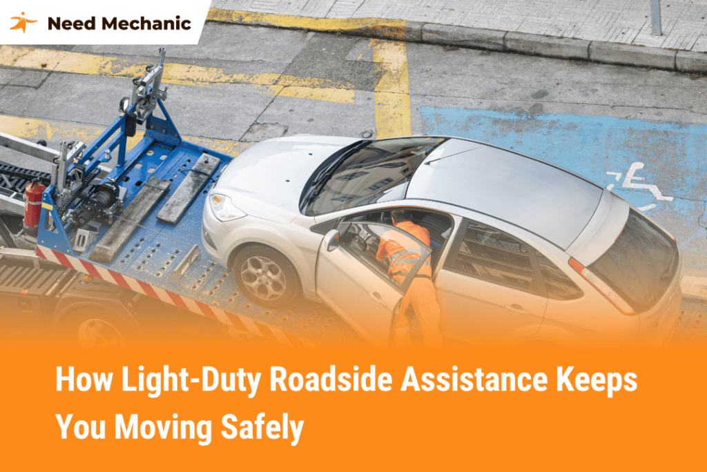 Tow truck helping a stranded car as part of light-duty roadside assistance for battery, tire, fuel, and lockout services.