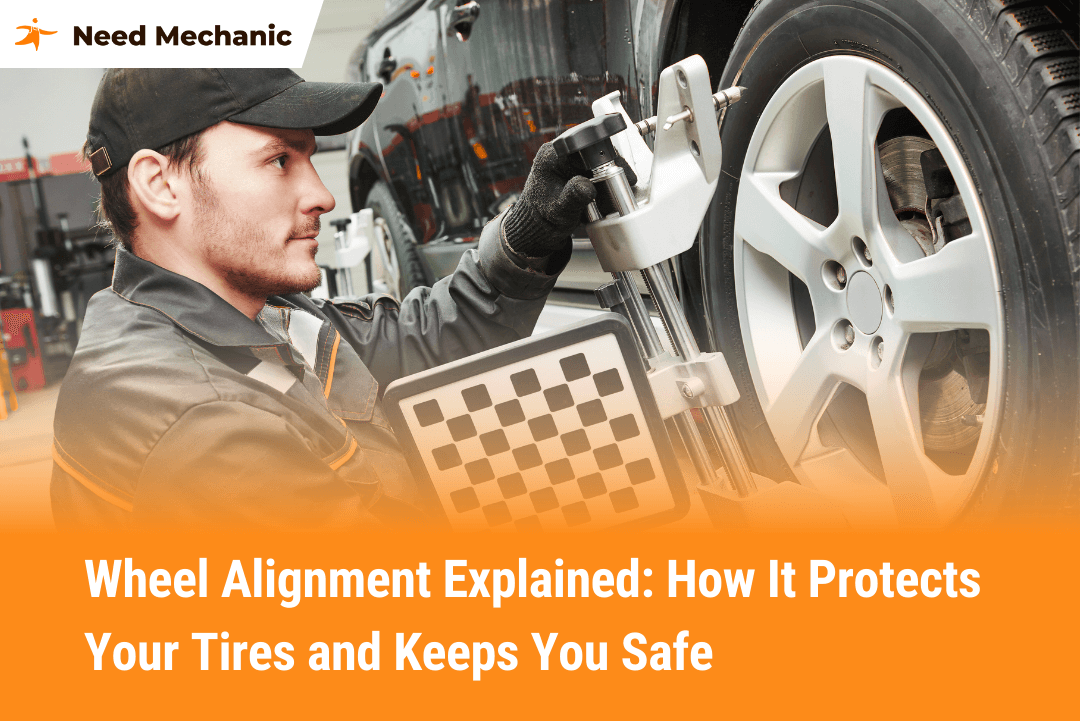 Car undergoing wheel alignment with calibration tool attached to front tire on a lift in an auto repair shop