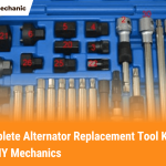 Complete alternator replacement tool kit with sockets, wrenches, and specialty bits in organized blue case