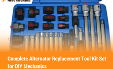 Complete alternator replacement tool kit with sockets, wrenches, and specialty bits in organized blue case
