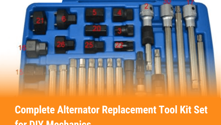Complete alternator replacement tool kit with sockets, wrenches, and specialty bits in organized blue case