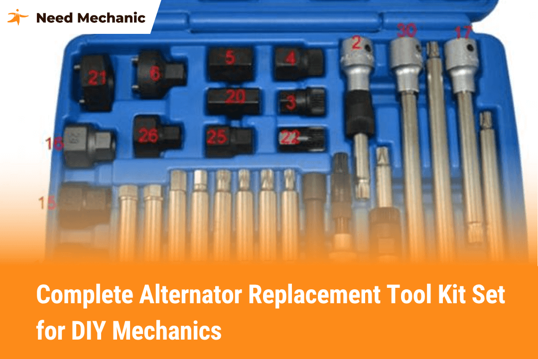 Complete alternator replacement tool kit with sockets, wrenches, and specialty bits in organized blue case