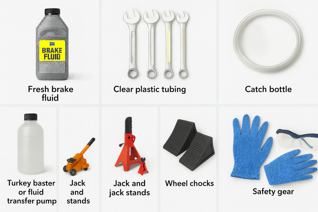 Eight essential tools for changing brake fluid, including brake fluid bottle, wrench set, clear plastic tubing, catch bottle, fluid transfer pump, jack and jack stands, wheel chocks, and safety gear arranged neatly in two rows.