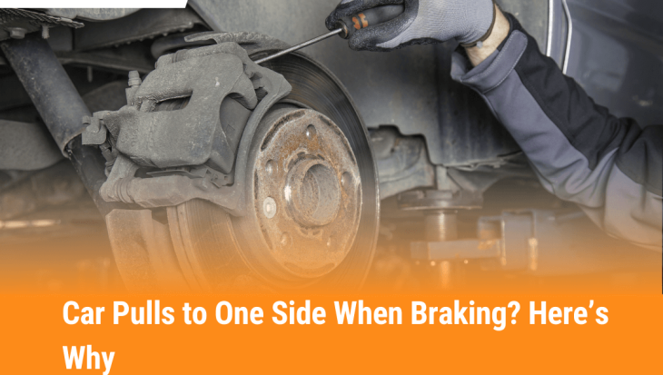 Mechanic inspecting brake caliper and rotor to fix car that pulls to one side when braking