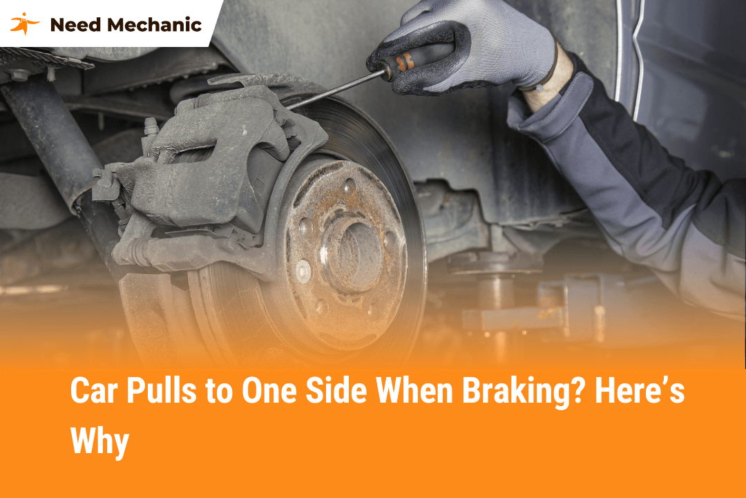 Mechanic inspecting brake caliper and rotor to fix car that pulls to one side when braking