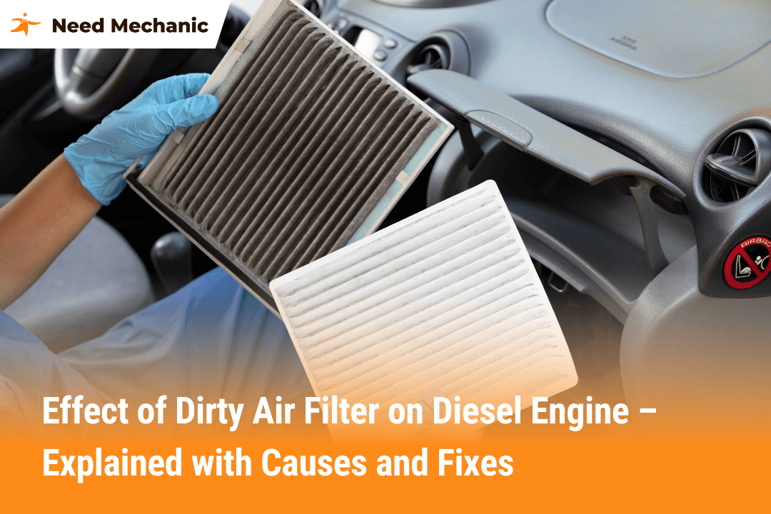 Mechanic holding dirty and clean diesel engine air filters showing the effect of dirty air filter on diesel engine performance