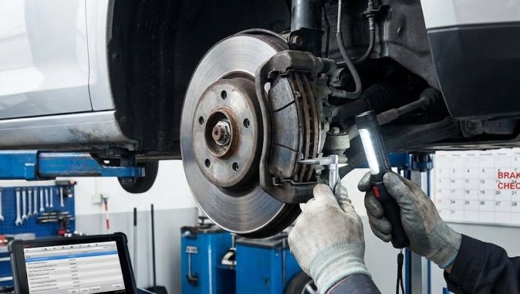 Close-up of a mechanic using a caliper tool to measure brake rotor and pad thickness during a routine vehicle safety inspection.