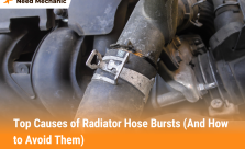 Close-up of a damaged radiator hose burst while driving showing cracks and clamps, explaining causes and prevention tips