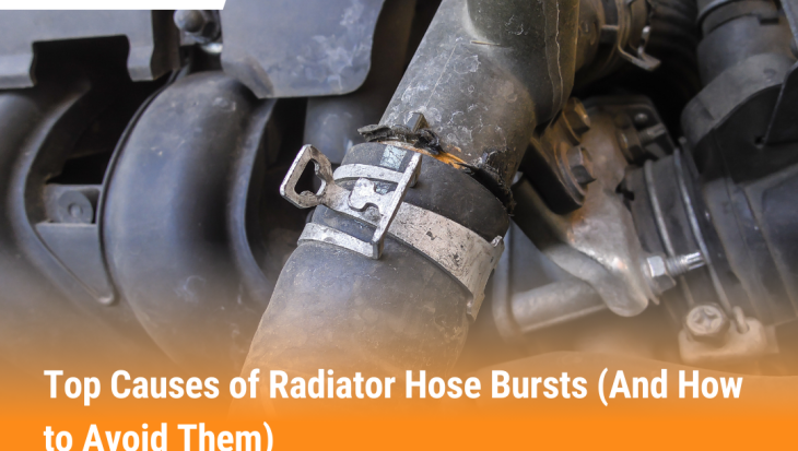 Close-up of a damaged radiator hose burst while driving showing cracks and clamps, explaining causes and prevention tips