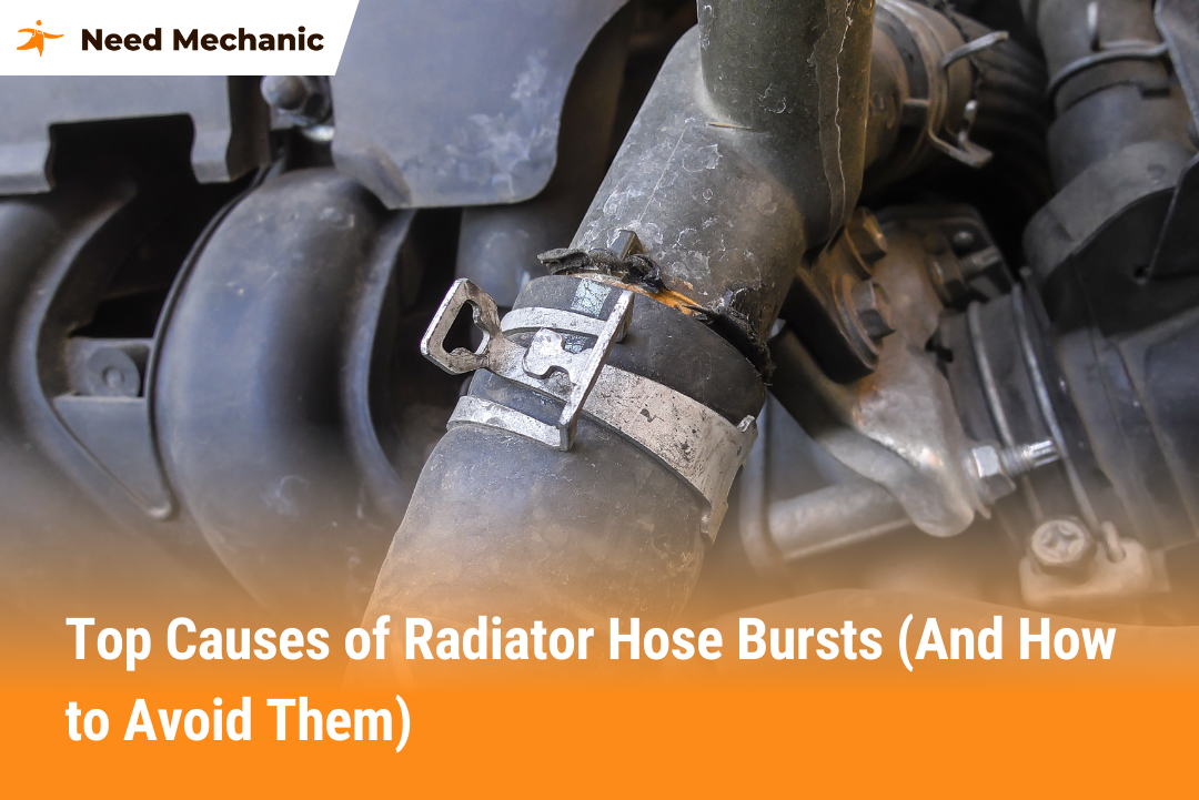 Close-up of a damaged radiator hose burst while driving showing cracks and clamps, explaining causes and prevention tips