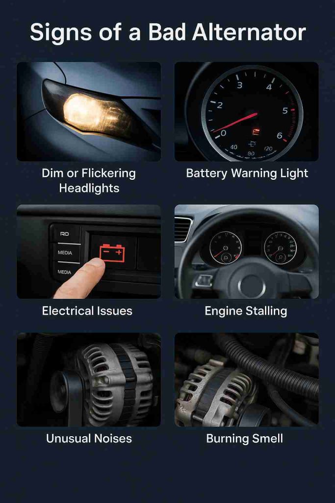 Realistic automotive infographic showing six photo panels labeled “Signs of a Bad Alternator,” including dim headlights, battery warning light, electrical issues, engine stalling, unusual noises, and burning smell, arranged in a clean grid with dark background.