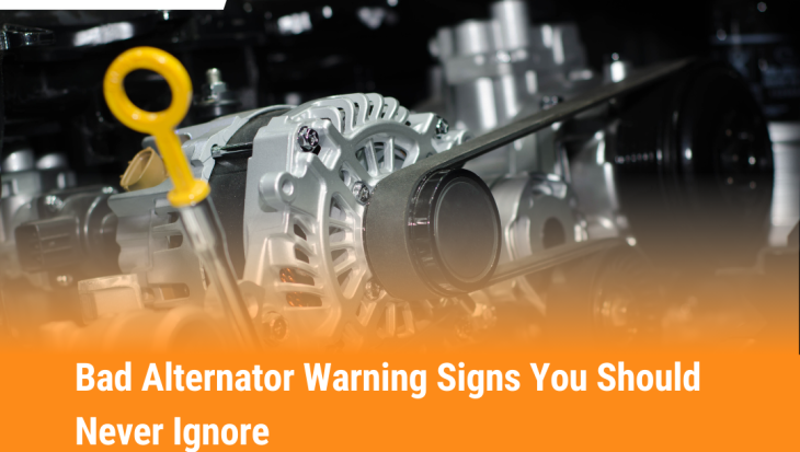 Signs of a bad alternator with example of car alternator and engine components.