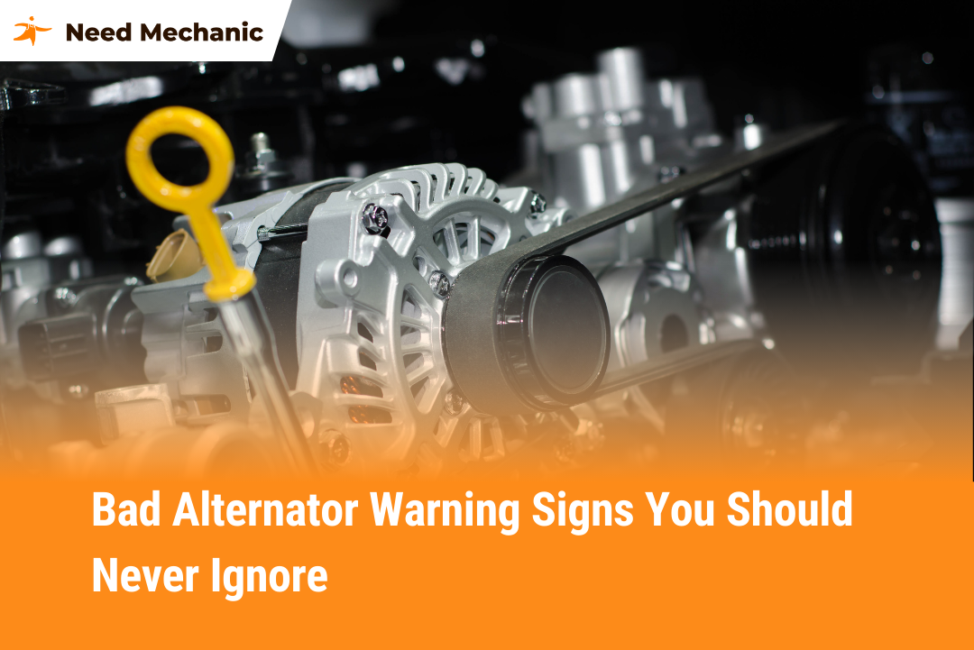 Signs of a bad alternator with example of car alternator and engine components.