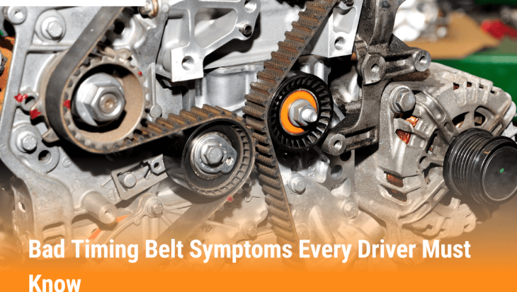 Close-up of car engine showing timing belt with signs of a bad timing belt symptoms