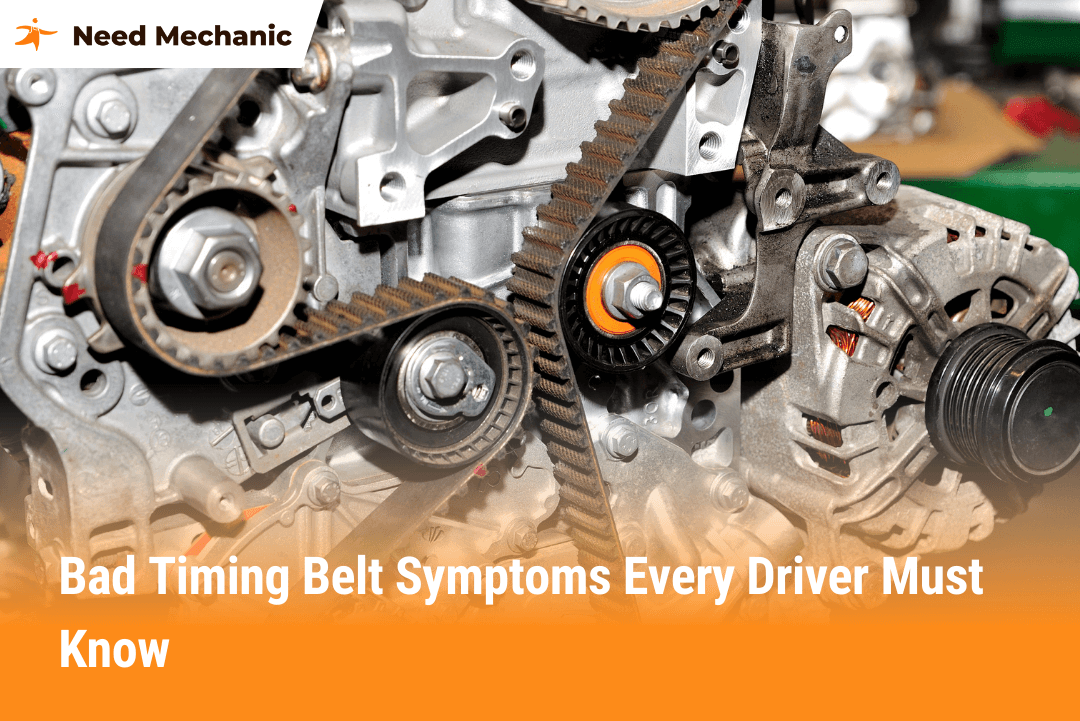 Close-up of car engine showing timing belt with signs of a bad timing belt symptoms