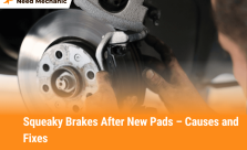 Mechanic installing new brake pads on car disc brake – squeaky brakes after new pads causes and fixes