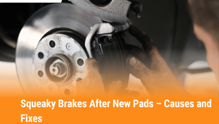 Mechanic installing new brake pads on car disc brake – squeaky brakes after new pads causes and fixes