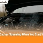 Car engine with hood open showing belts and pulleys, common cause of squealing noise when starting a car